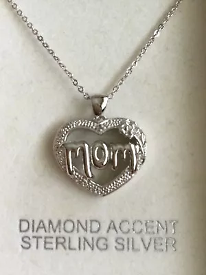 Sterling Silver Diamond Accent Mom Heart Pendant Necklace New In Box • $10.99