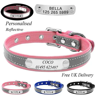 £6.49 • Buy Personalised Soft Reflective Leather Dog Collar Name Pet ID Tags Christmas Gift