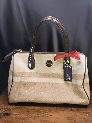 Small Coach Tote Bag Purse Wool Blend Stripe F24784 Camel Brown Patent Trim  • $35