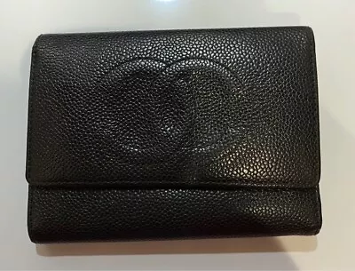 Authentic Chanel Caviar Skin Trifold Compact Wallet Leather Black Purse • £160.74