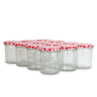 £14.99 • Buy 12  Jam Jars 324ml Wide Mouth Glass Preserve Pots Gingham Lids M&W