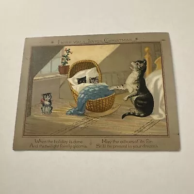 Vintage Greeting Card Christmas Cat Kittens Basket Victorian  E2 • $6