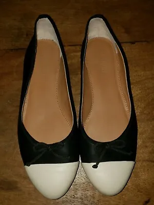 J Crew Black & Nude Leather Slip On Shoes 6 M Cap Toe Ballet Flats Ladies Dress • $67.49