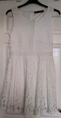QED London Dress Size 12 Cream Lace Fit Flare Sleeveless Stretch Party Chic • £8
