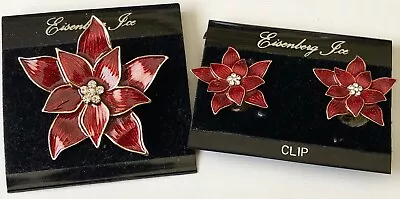 Vintage Eisenberg Ice Christmas Poinsettia Red Enamel Pin Brooch & Earring Set • $29.99