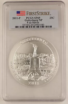 2011 P Gettysburg America The Beautiful 5 Oz Silver Coin PCGS SP69 First Strike • $239.99