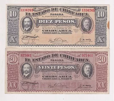 1915 Mexico 10 & 20 Peso Banknotes Chihuahua  Z33 • £4.20