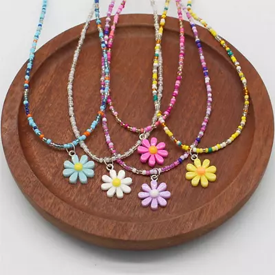 Boho Beaded Necklace Flower Daisy Charm Color Choker Small Beads Beach Party UK • £4.65