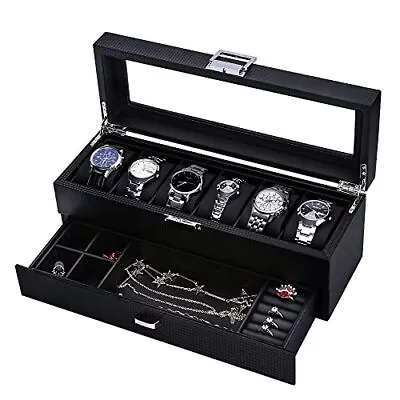 Watch Box Organizer For Men 6 Slot Watch Storage Case With Jewelry Drawer2-layer • $46.83