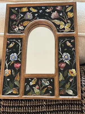 VNTG REVERSE PAINTED GILT GLASS/WOOD FLORAL BUTTERFLIES MIRROR 8-1/4  X 6-1/4  • $55