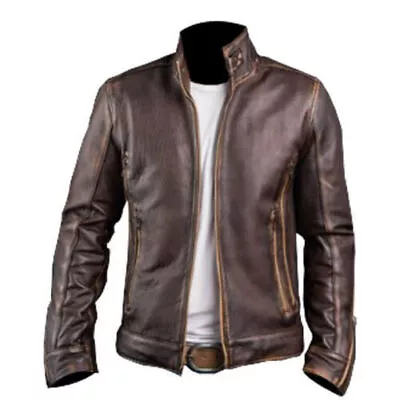 Men's Cafe Racer Vintage Motorcycle Distressed Brown Biker Leather Jacket • $116.57