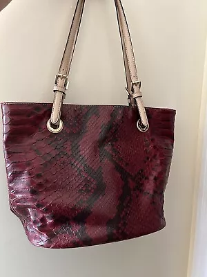 Michael Kors East West Burgundy Red Python Embossed Leather Shoulder Tote Purse • $50