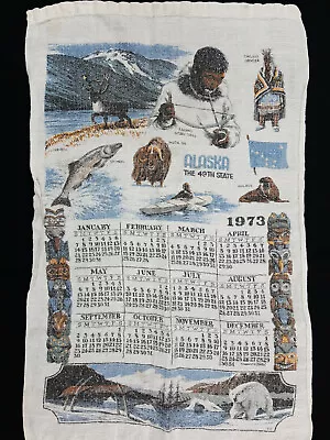 Vintage Souvenir Linen Towel 1973 Calendar Alaska Wildlife Totem Pole Walrus • $8.99