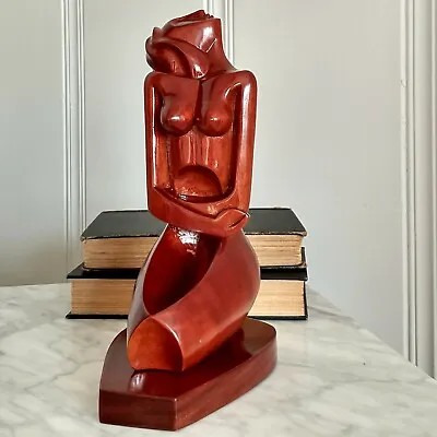 Cubist Wood Carved Sculpture Mid Century Nude Abstract Statue Vintage 1950s Art • $378