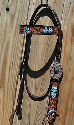 $89.06 • Buy Circle Y 5/8  2021 Black Leather Hand Painted Blue Floral Browband Headstall 