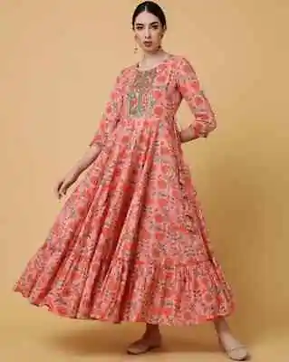 Indian Women Peach Floral Printed Anarkali Kurta Kurti Long New Style Dress • $32.99