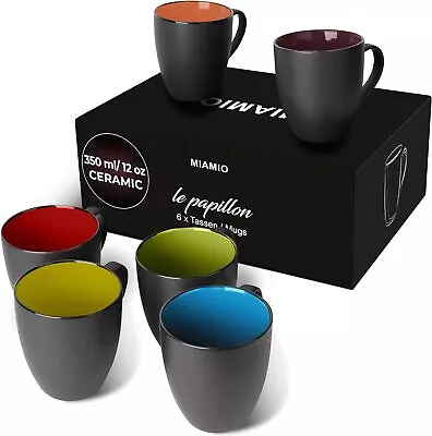 MIAMIO - 6 X 350 Ml Stoneware Coffee Mug/Cup Set - Le Papillon Collection (Blac • £39.61
