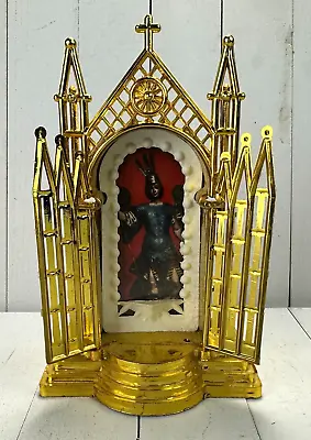 Vintage Gothic St. Michael Shrine Altar Miniature Opens Closes 6.5  T Gold Tone • $56.16