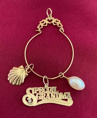 14K Yellow Gold Heart Charm Holder 3 Charms Special Grandma Shell Pearl Diamond • $165
