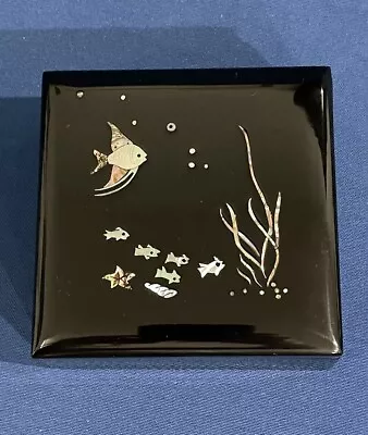 Mother Of Pearl Wood Black Lacquer Oriental Treasure Jewelry Trinket Box Fish • $24.80