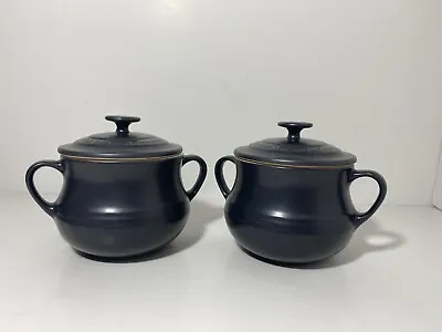 2 X Le Creuset Matt Dark Slate Granite Grey Soup Bowls/Mini Bean Pots With Lids • £29.99