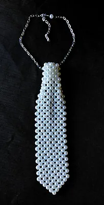 Vintage White Hand Beaded Ladies Pearl Neck Tie Necklace - Halloween Costume • $9.95