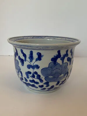 $22 • Buy Vintage Blue & White Chinese 4” Flower Pot Ceramic Glazed Floral Planter