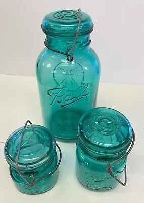 Vintage Blue/Green  Ball Ideal  Mason Jars With Glass Lids & Wire Bales Set Of 3 • $40