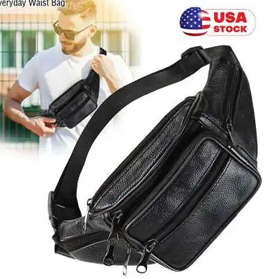 Genuine Leather Waist Bag Fanny Pack Multi Zippered Hip Belt Purse Black Pouch • $8.36