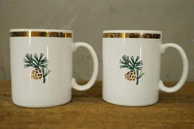 2PC Lot EDDIE BAUER Pine Cone & Branch Needles Gold Trim China Coffee Mugs • $22.40