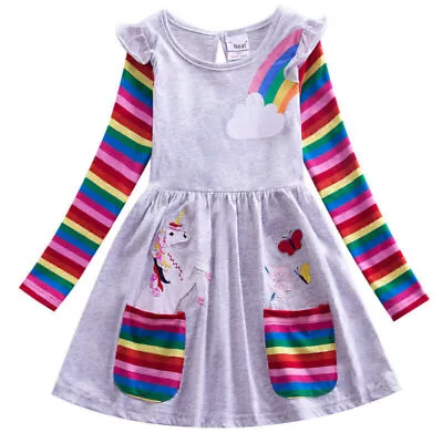 Kids Girls Unicorn Rainbow Dress Autumn Long Sleeve Sundress  Princess Dress· • £14.49