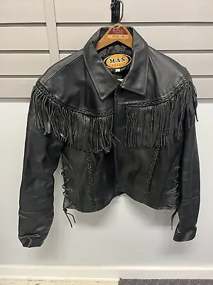 MAS Leather Motorcycle Jacket WOMENS L USA Tassels Biker Tassles Fringe Vintage • $95