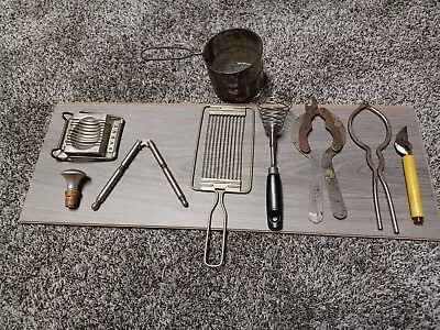 Lot Of 9 Vintage Kitchen Items - Opener Nut Cracker Sifter Egg & Bread Cutter • $14.95