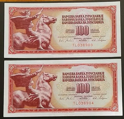 YUGOSLAVIA _100 Dinar Banknotes X 2  Consecutives _ Small Serial Number _ Aef • £2.99