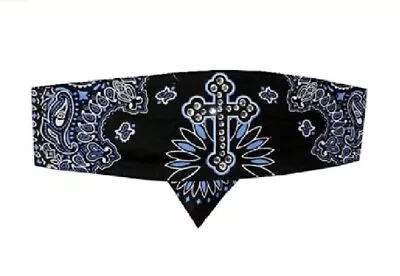 Blue Cross Rhinestones Paisley Chop Top Bandanna Head Wrap Sweatband Headband • $13.95