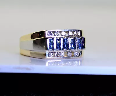 Gorgeous & Heavy Men's 14K Gold .90 Ct Sapphire & Diamond Ring Size 10.25 • $999.99