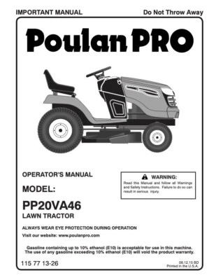 $19.95 • Buy Owner’s Manual PoulanPro Lawn Tractor/Riding Mower - Model PP20VA46