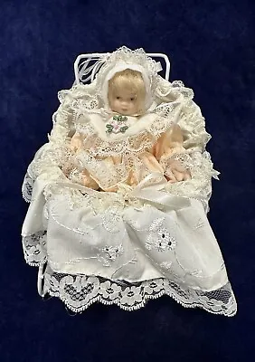 Vintage Porcelain Baby Doll In White Victorian Style Pram 22cm • $26