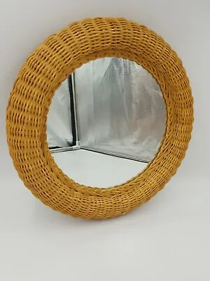 Vintage BOHO Round Brown Natural Wicker Mirror Wall Hanging 14  Round  • $39.99