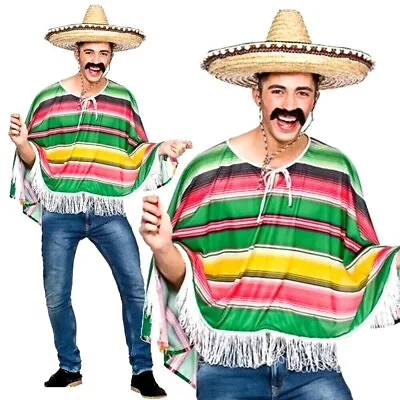 Adult MEXICAN PONCHO Multi Coloured Bandit Mexico Fancy Dress Costume Men EM3225 • £5.95