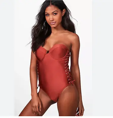 Gold Boohoo Adelaide Lace Up Multiway Swimsuit Size 8 New Underwired Swimwear • £10.99