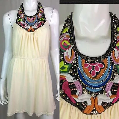 $150 Meghan Fabulous Medium Cream Halter Beaded Embroidered Halter Dress Boho • $22.40