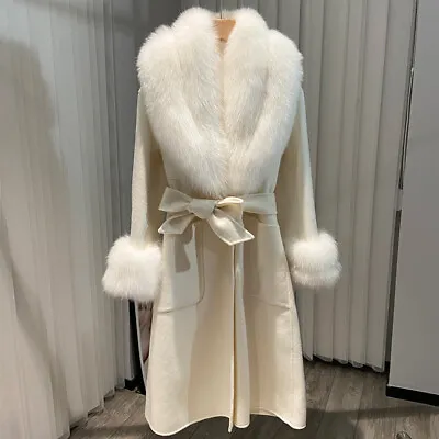 Women Fashion Wool Coat Real Fur Collar Fur Cuff Winter Elegant Long Overcoat • $210.30