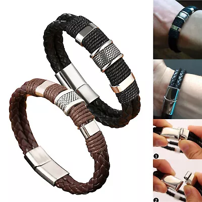 Men Stainless Steel Leather Bracelet Magnetic Gold Clasp Bangle Cuff Black Gift • $6.17