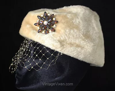 1960s Furry Taupe Toque Hat With Starburst Rhinestone Accent & Veil - Neutral • $39.99