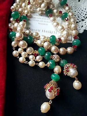 MIRIAM HASKELL SIGN LARIAT Baroque Faux Pearl Faux Jade Red Montée Brass Accent • $650