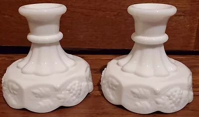 Vintage Westmoreland Milk Glass Paneled Grape Candlesticks Candle Holders Set/2 • $16