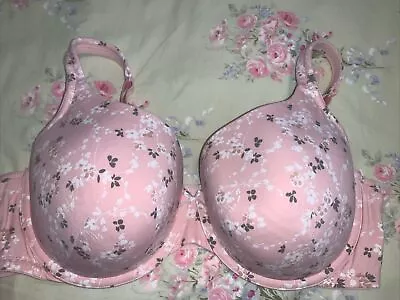 Cacique 42DD Lightly Lined T Shirt Underwire Bra Cotton Blend Pink Floral • $17.99