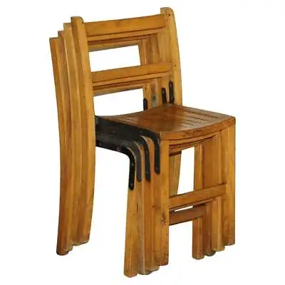 Nice Vintage Set Of Circa 1930's English Oak Stacking Chairs With Period Finish • $924.86