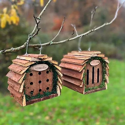 Wooden Hanging Butterfly House & Ladybird Hotel Set Of 2 With Natural Bark Roof • £13.99